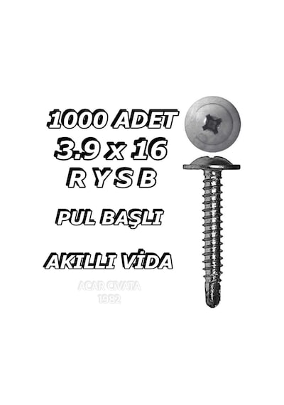 1000 Adet 3.9X16 Rysb Matkapuçlu Pul Başlı Akıllı Vida 1 Paket