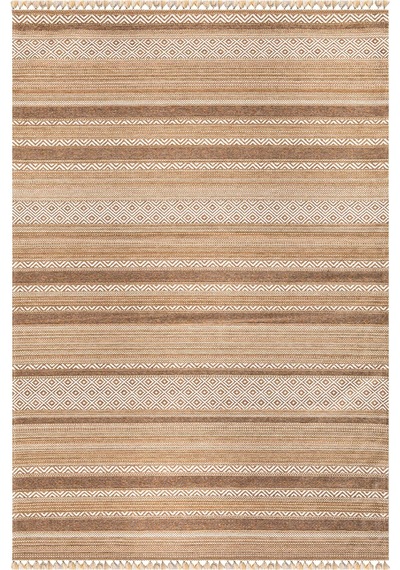Ekru Renkli Kaymaz Tabanlı Yıkanabilir Makine Dokuma Kilim-204 Sarı