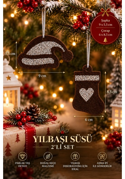 Taşlı Keçe Yılbaşı Süsü 2 Li Set Çift Taraflı Işıltılı Dekor 4 Renk Seçenekli Kahverengi
