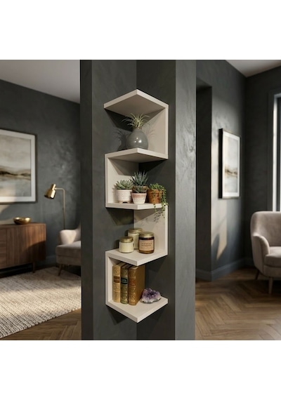 Bicabin Bicabin Dekoratif Ahşap Modern Zigzag Köşe Duvar Rafı Organizer