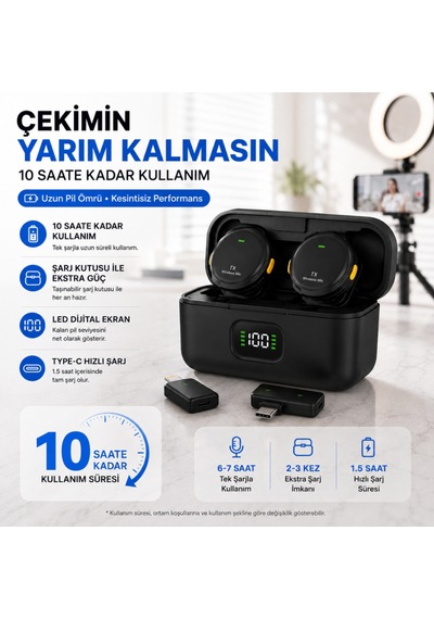 Coofbe Dijital Şarj Göstergeli 2'li 2.4 Ghz Kablosuz Yaka Mikrofonu, Apple Uyumlu iPhone Android Uyumlu, 20 Hz 20 Khz