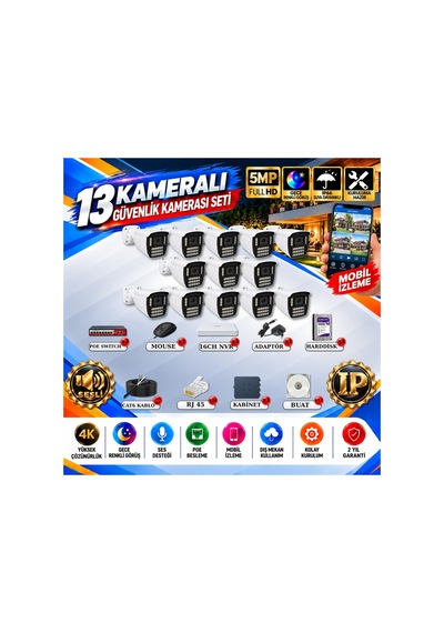 13 Kameralı 4k Sesli İp Güvenlik Kamerası Seti 5mp Gece Renkli Görüş 21 Warm Led Poe 421wsp