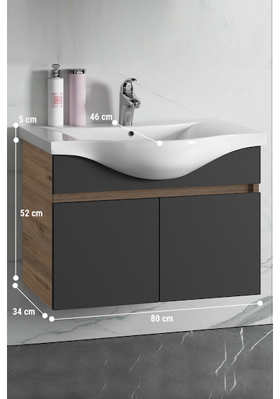 80 Cm Atlantik Çam-Antrasit Gri Mat Mdf Lavabolu Banyo Alt Dolabı Antrasit - Atlantik Çam