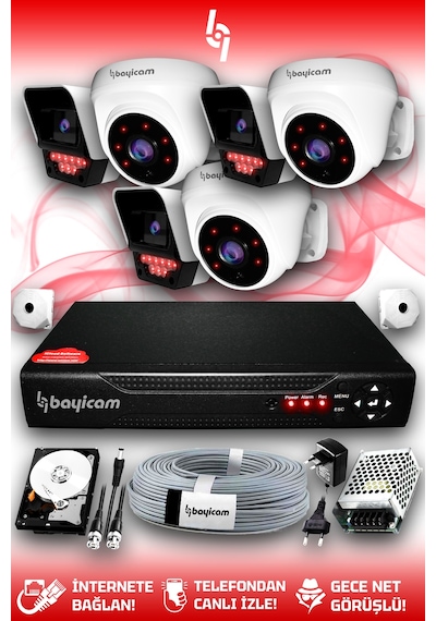 Bayicam 6 Kameralı Süper 3 İç Kamera Set 320 GB 5 MP 2K Net Gece Görüşlü Güvenlik Kamerası Sistemi