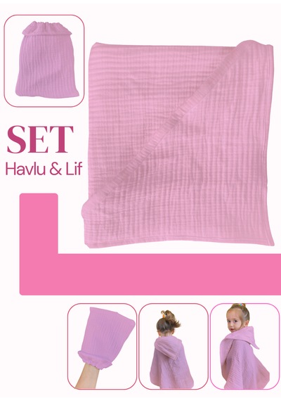 Joyous Mom Kids Organik Muslin Banyo Kese Ve Havlu Seti Koyu Pudra