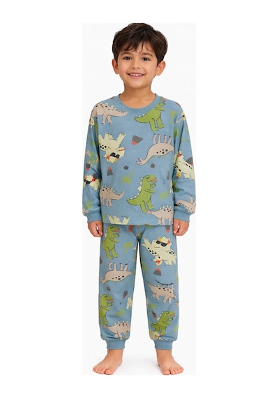 Mavi Dinozor Desenli Erkek Çocuk Pijama Takımı