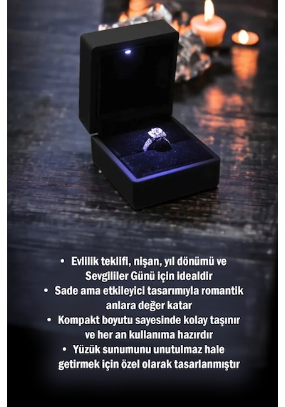Işıklı Kadife Yüzük Kutusu LED Takı Sunum Kutusu Hediye Evlilik Yıldönümü, Sevgililer Günü 8 cm