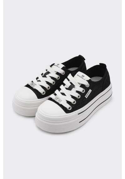Derinet Bağcıklı Taş Aksesuarlı Kadın Sneaker Siyah Siyah