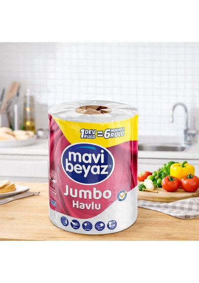 Mavi Beyaz Jumbo Kağıt Havlu 4 Lü Set 1 Rulo 6 Rulo Etkisi Yüksek Emicilik Ekonomik Paket