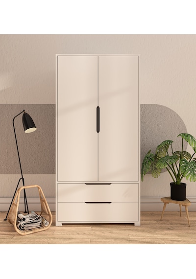 Flora 2 Kapaklı 2 Çekmeceli Gardırop Beyaz Elbise Dolabı