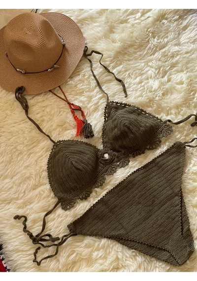 İvita Koyu Yeşil Taş Detaylı Çok Tarz El Yapımı Tığ Örgüsü Bikini Koyu Yeşil