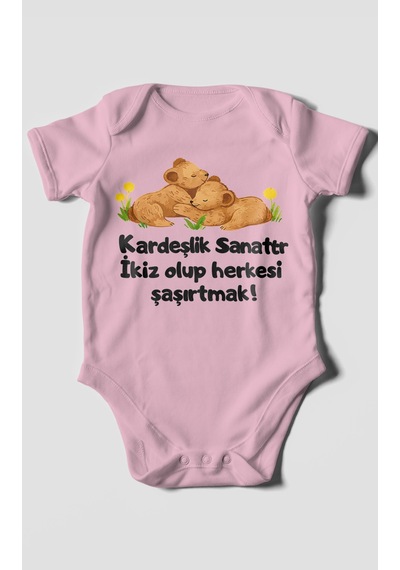 Morivokids Kardeşlik Sanattır, İkiz Yazılı Kısa Kollu Bebek Body %100 Pamuk Koyu Pembe
