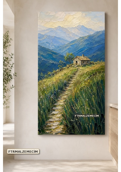 Premium Dağ Evine Uzanan Çiçekli Yol Çerçevesiz Kanvas Tablo Yeşil