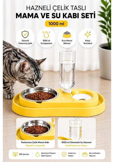 Hazneli Kedi-köpek Mama Ve Su Kabı Seti 1000ml Sarı