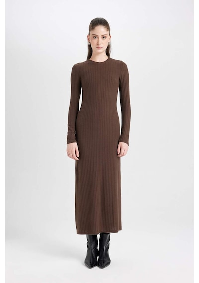 Defacto Bodycon Vücudu Saran Bisiklet Yaka Basic Düz Kaşkorse Uzun Kollu Maxi Elbise D3373AX24WNBN322 Kahve