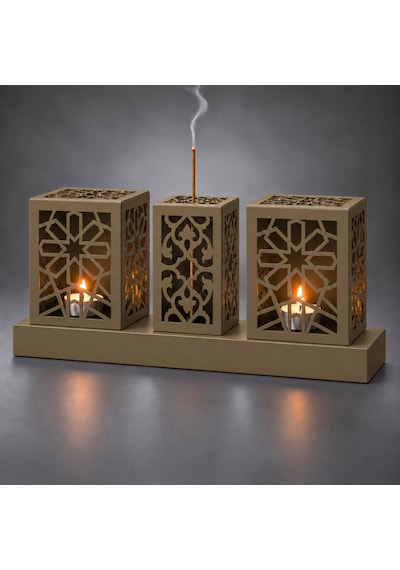 Lazer Kesim Metal Tealight Mumluk Ve Tütsülük Seti Geometrik Selçuklu Yıldızı Motifli Modern Ev Dekoru Benzersiz Masa Süsü Ve Hediye Haki