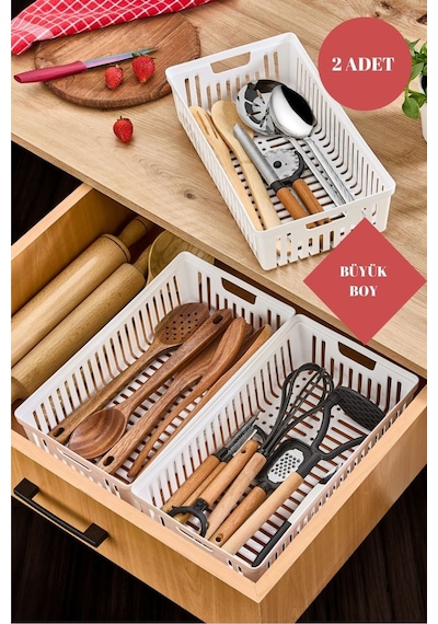 Büyük Boy Beyaz 2'li Set Modüler Kaşıklık Ve Kepçelik Çekmece Içi Düzenleyici Mutfak Organizer Beyaz