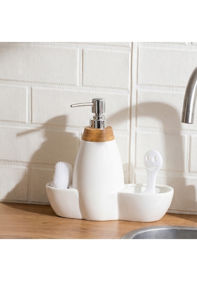 Porsima 5310825 Tezgah Üstü Beyaz Sıvı Sabunluk Fırçalı Süngerli Porselen Sabunluk 700ml 28cm