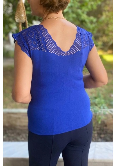 Mia Butik Kadın Saks Mavi Sıfır Kol Ajurlu Triko Bluz Saks Mavi