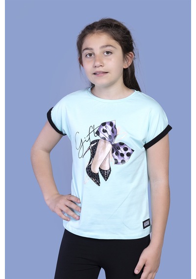 Toontoy Kids Toontoy Kız Çocuk Fiyonk Baskılı Kolları Garni Detaylı Tişört Su Yeşili