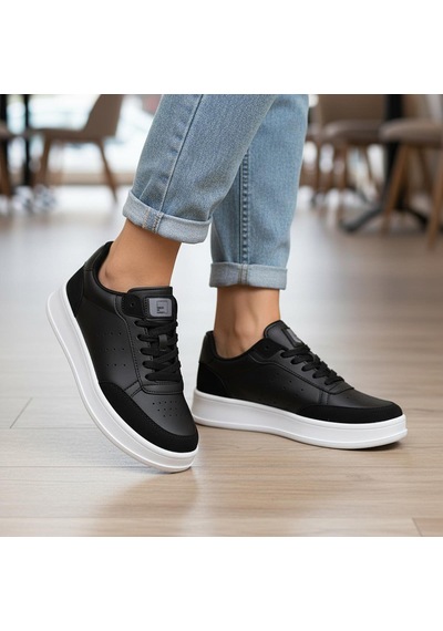 Papatay 1011 Hazır Taban Unisex Spor Ayakkabı Bağcıklı Rahat Sneaker SİYAH-BEYAZ