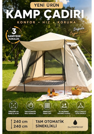 6 Kişilik Otomatik Kurulumlu Kamp Çadırı Sineklikli & 1000 Mm Su Geçirmez Outdoor Çadır Bej