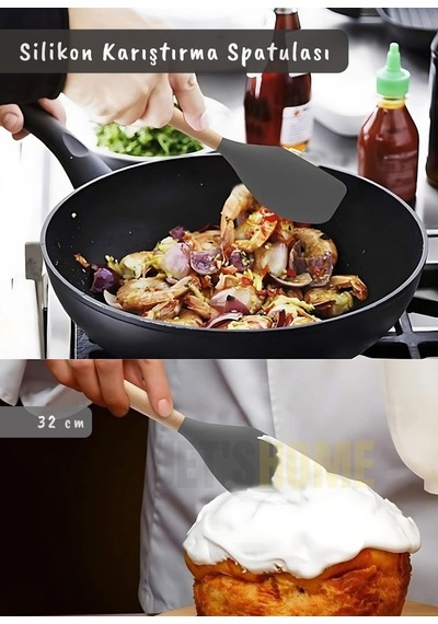 Silikon Karıştırma Spatulası Mutfak Kaşığı Pasta Spatulası Sıyırma Spatula Ahşap Saplı 32 Cm Gri