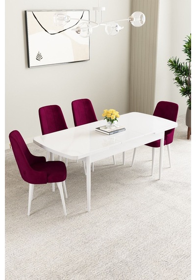 Mabel Beyaz 80x132 Açılabilir Yemek Odası Takımı 4 Adet Sandalye Lacivert