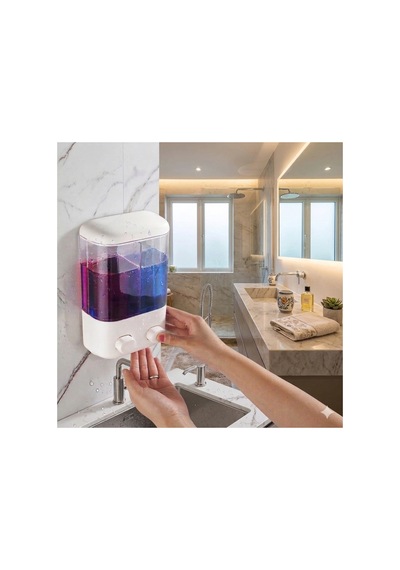 Yapışkanlı Duvar Sabunluk 1000 Ml 2 Bölmeli Banyo Mutfak Şampuan Dispenser V-2 Beyaz