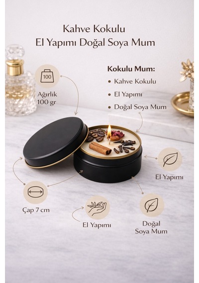 Dekoratif Lüks Soya Mum,el Yapımı Doğal Mum,metal Kutu, Gül Detay Ev Hediyesi, Kahve Kokulu 100 G Kahverengi - Pembe