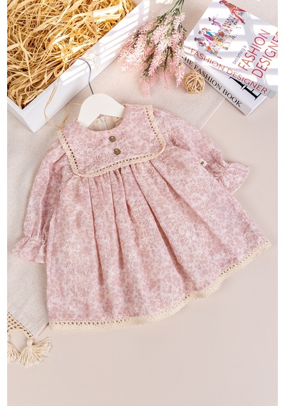 Babymod Kabartma Çiçekli Dantelli 100% Pamuk Özel Gün Kız Bebek Elbise Pembe