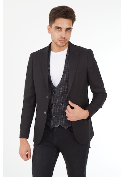 Sposo 5139 Ekose Yelekli Dar Kalıp Siyah Erkek Blazer Ceket Siyah
