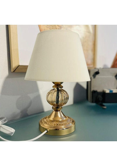 Royal Altın Renkli Metal Ayak Bal Rengi Cam Krem Başlıklı Şık Abajur Masa Lambası Altın - Krem
