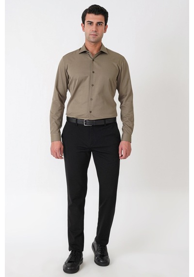 Slim Fit Pamuk Saten Klasik Haki Gömlek Gk 604