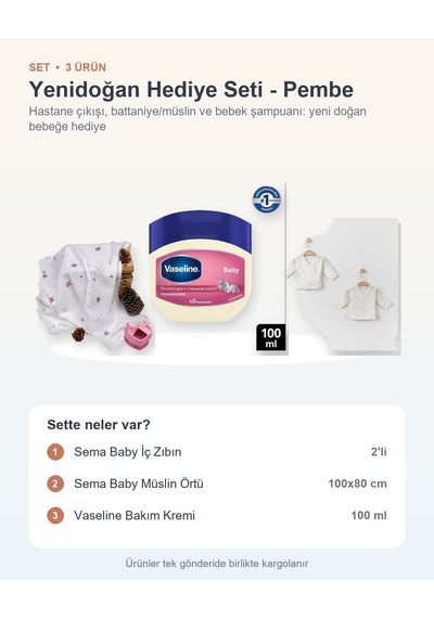 Yenidoğan Hediye Seti 3 Parça: İç Zıbın + Müslin Örtü + Vaseline Bakım Kremi - Pembe