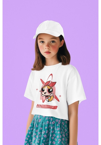 Sevbano Blossom Baskılı Unisex Power Puff Girls Çizgi Film Çocuk Tişört Beyaz
