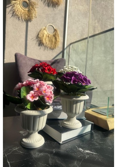 4lü Set Yapay Çiçek Krem Antik Saksıda Karışık Renk Kadife Menekşe Gerçekçi Doku 22cm