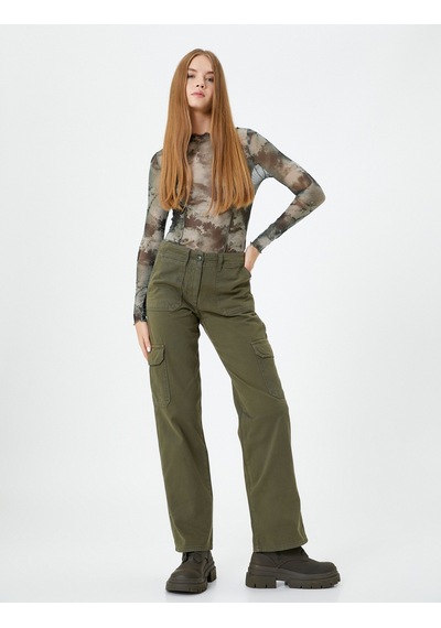 Koton Gabardin Kargo Pantolon Cepli Normal Bel Haki 4wak40119pw