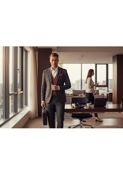 Erkek Çizgili Takım Elbise 3 Lü Set Ceket + Yelek + Pantolon Slim Fit İtalyan Tarz Siyah