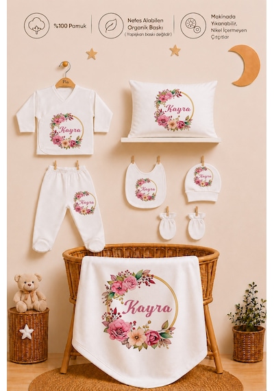 Pia Baby Kız Bebek Hastane Çıkışı Seti 11 Parça %100 Pamuk Kişiye Özel İsim Baskılı 1072110x Ekru