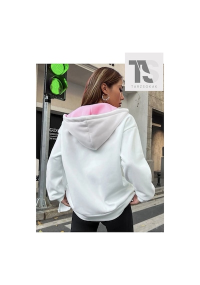 Tarzsokak Beyaz Pembe Kapüşonlu Fermuarli Brooklyn Oversize