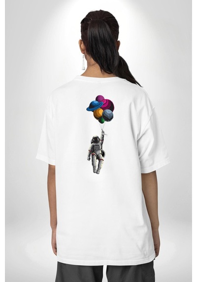 Gezegenler Balon Astronot Yükselişi Beyaz Oversize Unisex Ön Ve Sırt Baskılı Tişört Beyaz