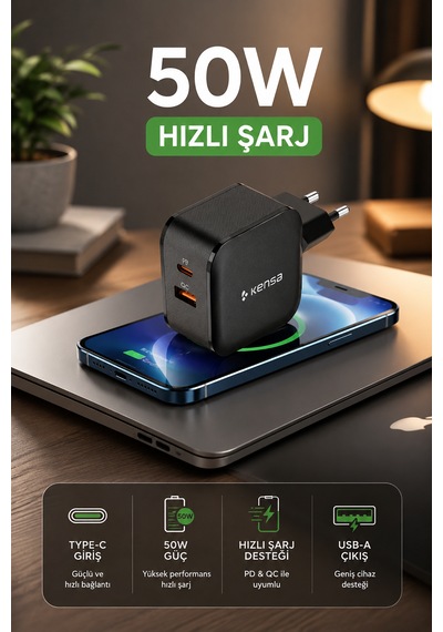 50w Çift Portlu Usb-c Girişli Akıllı Hızlı Şarj Adaptörü