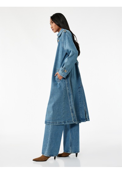 Koton Rahat Kalıp Düğmeli Kemerli Uzun Denim Trençkot Orta İndigo 6wal50014md İndigo