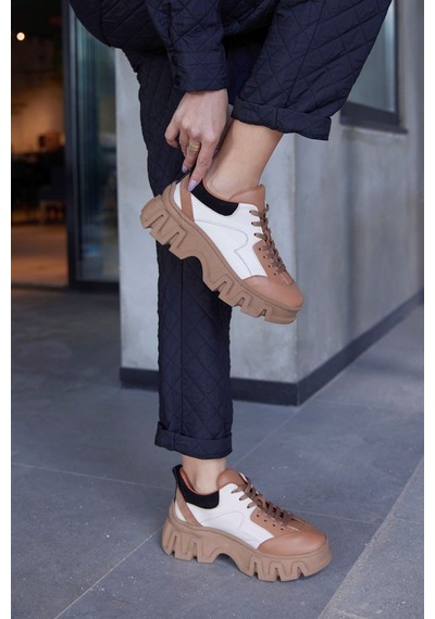 Barbara Taba Hakiki Deri Kalın Tabanlı Kadın Sneaker-Taba