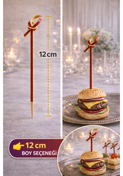 50 Li Paket I 12 Cm Düğümlü Kırmızı Bambu Kürdan Kokteyl Kürdan Sunum Çubuğu Aperatif Kürdan