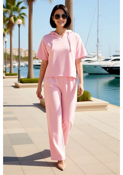 Benerly Kadın Büyük Beden Oversize Düşük Kol Geniş Paça Kapüşonlu Kısa Ko Pembe