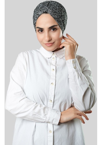 Hürrem Bone Gri Pratik Hazır Geçmeli Tesettür Bone Jakar Kendinden Desenli 12