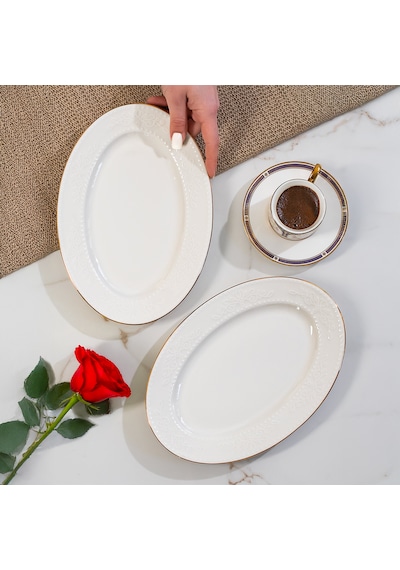 Porsima 4457 Burçak Porselen Altın Fileli Kayık Tabak Seti - Oval Kahvaltılık Sunumluk Seti 25cm Beyaz