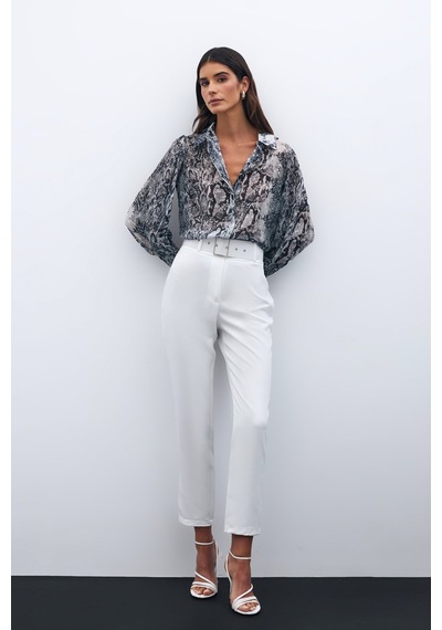 Sateen Yüksek Bel Kemerli Pantolon - Ekru